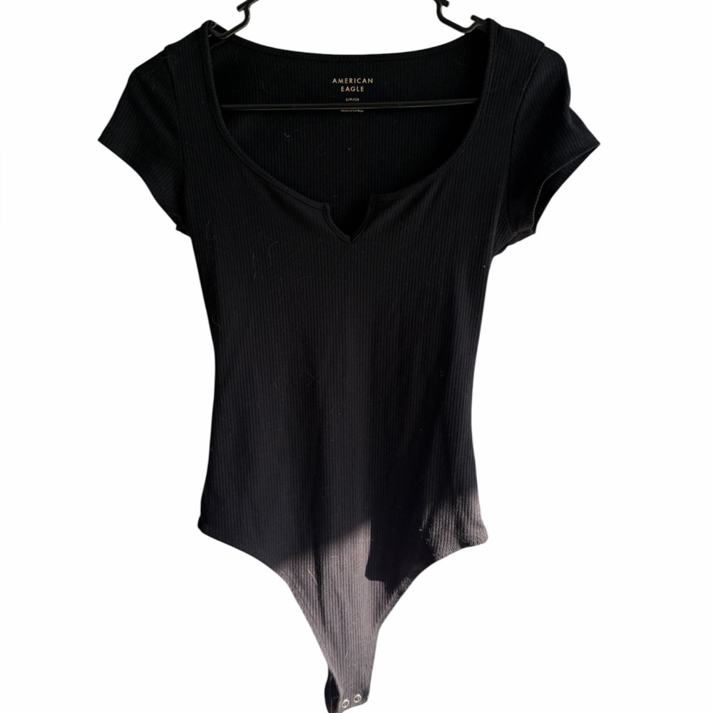 American Eagle Outfitters Black Ribbed Notch-Neck Short Sleeve Bodysuit size S